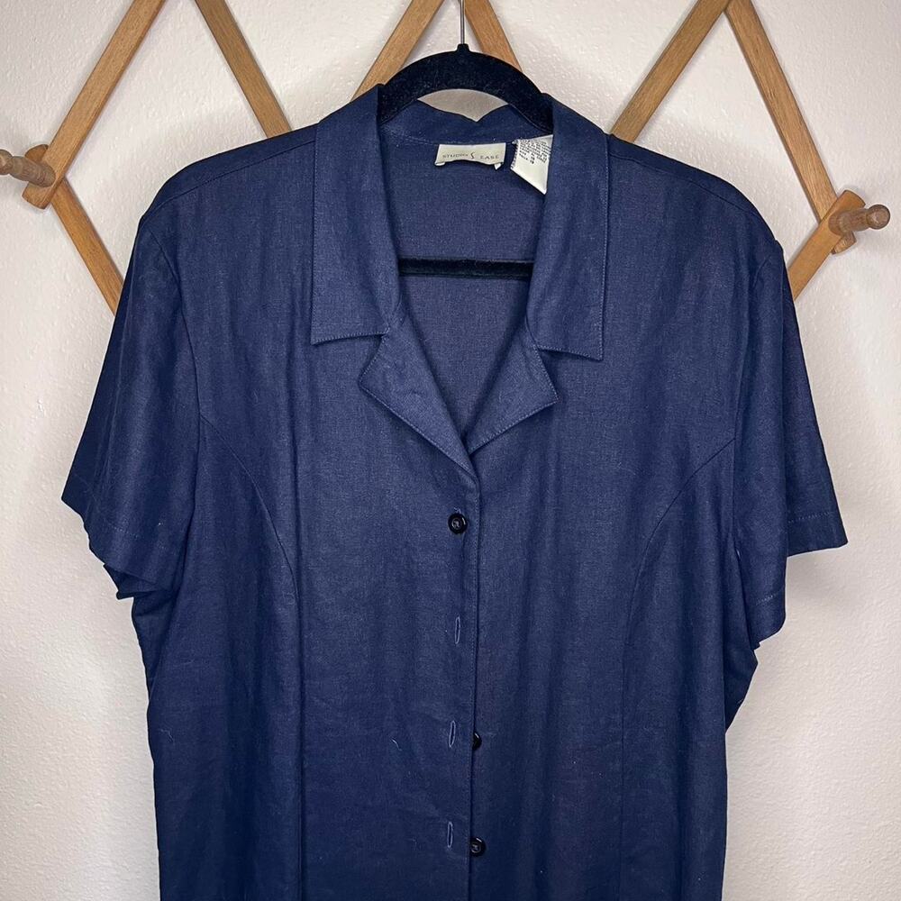 Studio Ease Vintage Navy Blue Linen Blend Camp Shirt Blouse 1X